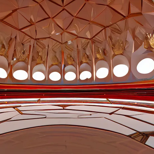 Image similar to interior of a futuristic organic scifi temple with gold, red and white marble panels, in the desert, by buckminster fuller and syd mead, intricate contemporary architecture, photo journalism, photography, cinematic, national geographic photoshoot