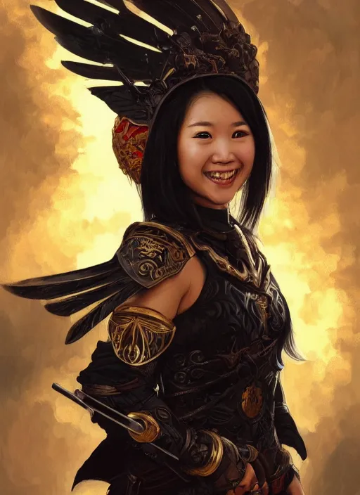 Image similar to Close-up portrait of smiling young asian woman wearing a black armor with skulls and a winged helmet and, holding a magic staff, portrait, fireball, highly detailed, digital painting, artstation, concept art, sharp focus, illustration, art by artgerm and greg rutkowski and alphonse mucha