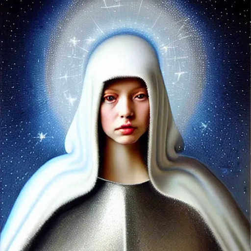 Image similar to beautiful high details hyper realistic painting of white angel in the hood coming from space with giant ball of miracle light from the chest!!!!!, 4 k hd face!!!, fashion face, no gender, giant silver holographic wings, by jan van eyck, holography space, white sparkles everywhere, thin strokes, high textures, silver background