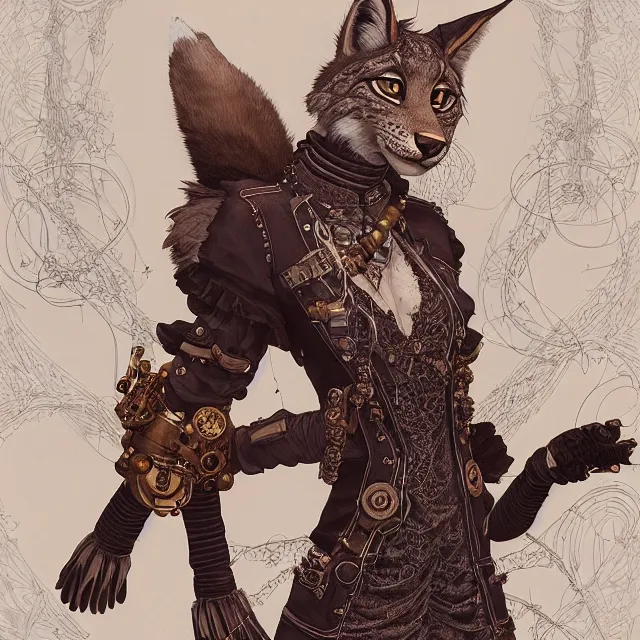 Image similar to the portrait of anthropomorphic lynx fursona wearing a steampunk dress as unimaginably beautiful, gorgeous, elegant, young lynx, an ultrafine hyperdetailed illustration by kim jung gi, irakli nadar, intricate linework, bright colors, octopath traveler, final fantasy, unreal engine 5 highly rendered, global illumination, radiant light, detailed and intricate environment