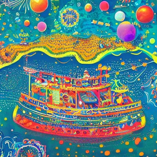 Image similar to psychedelic boat party, high resolution artistic photograph, bokeh, 4 k, epic, majestic, beautiful, by vogue magazine, by richard scarry and quentin blake
