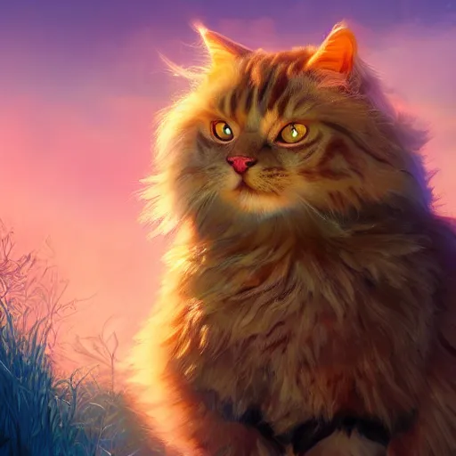 Prompt: colossal fluffy cat, golden hour, fantasy, vivid colors, sharp focus, digital art, hyper - realistic, 4 k, unreal engine, highly detailed, hd, dramatic lighting by brom, trending on artstation