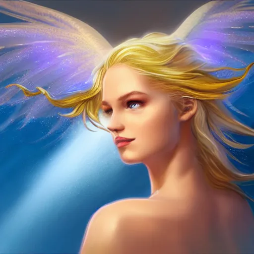 Prompt: Winged mermaid angel with blonde hair and glowing halo, iridescent, seraphim, fantasy, intricate, elegant, highly detailed, digital painting, artstation, concept art, smooth, sharp focus -ar 16:9