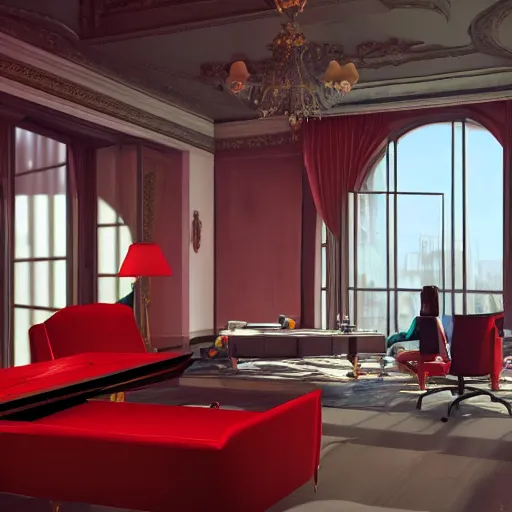 Image similar to A screenshot of a photorealistic Virtual Reality music studio, living room vibe, Paris hotel style, red velvet furniture, light rays coming out of the windows, the window has a view on Paris, raytracing, highly detailed, futuristic, unreal engine 5, photoscanned, photorealistic,