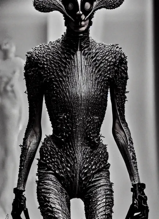 Image similar to walking down the catwalk, steven klein, show, stage, vogue photo, podium, fashion show photo, iris van herpen, beautiful woman, full body shot, helmet on face, masterpiece, plant predator, guyver, jellyfish, biomechanical details, movie still, fauvism, cinestill, bokeh, gelios lens