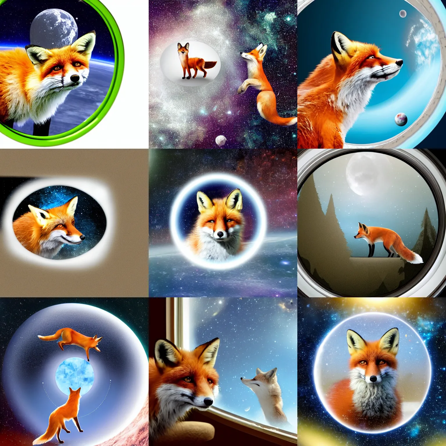 Prompt: a white crunch with fox looking from window is floating in space, in space