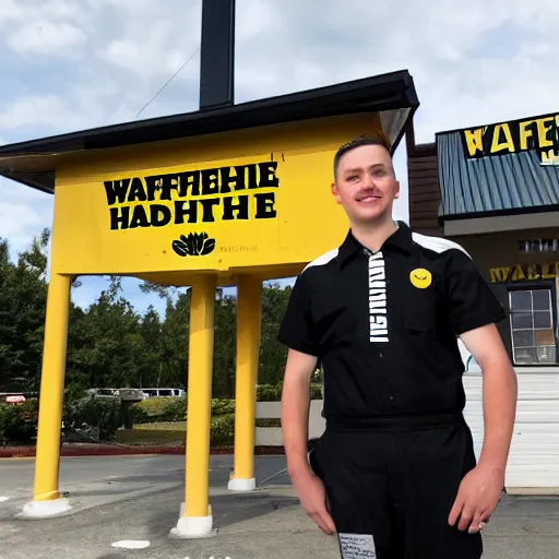 Image similar to wafflehouse employee's standing below wafflehouse sign, employees uniform is black and blue with yellow name tags