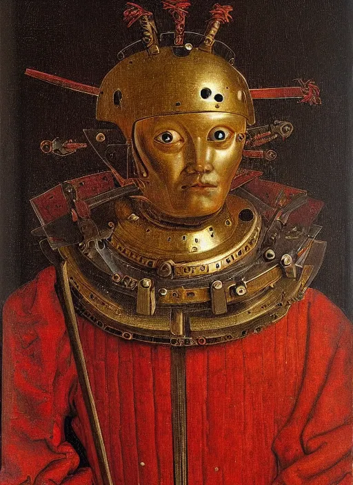 Image similar to a portrait of a warrior robot by Jan van Eyck