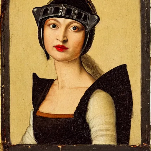 Image similar to a renaissance style portrait painting of raven winged female vampire, wearing a VR helmet and cape, dark background