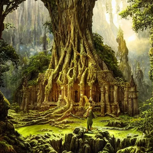 Prompt: a beautiful and highly detailed oil painting of am elven temple deep in the mountains, beautifully detailed ancient trees, lush plant growth, intricate details, epic scale, insanely complex, 8 k, sharp focus, hyper realism, fantasy landscape, psychedelic, by caspar friedrich,