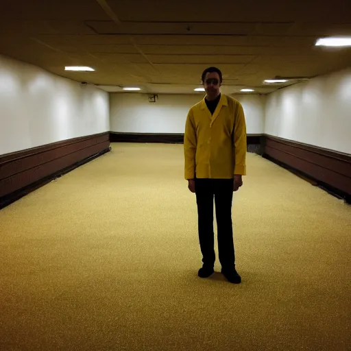 Image similar to flash low quality photograph of a male scientist wearing a lab coat in the backrooms, mustard - yellow old moldy moist carpet room, empty liminal space, very dark shadows, broken fluorescent lighting, horror movie scene, film grain