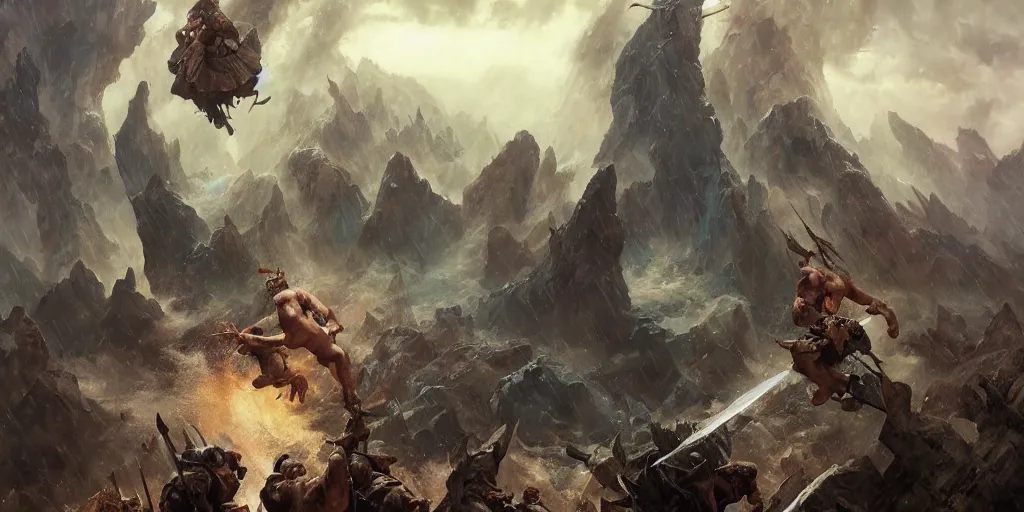 Image similar to epic battle barbarian norse gods thunder inverted landscape hanging from the sky two worlds facing each other horizontal symmetry inception good composition artstation illustration sharp focus sunlit vista painted by ruan jia raymond swanland lawrence alma tadema zdzislaw beksinski norman rockwell tom lovell alex malveda greg staples