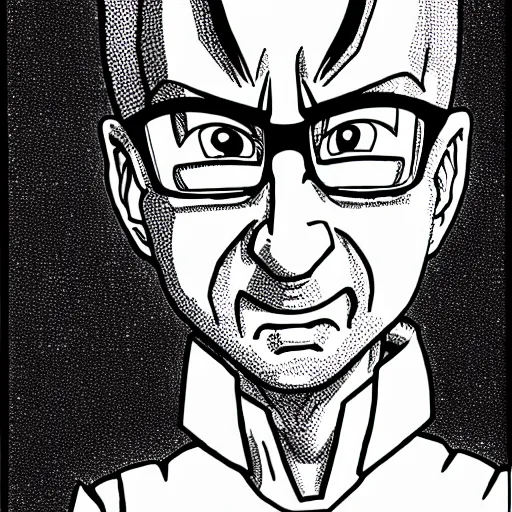 Image similar to John oliver in his super Saiyan form, illustration in pen and ink, award winning, black and white, art by Akira Toriyama