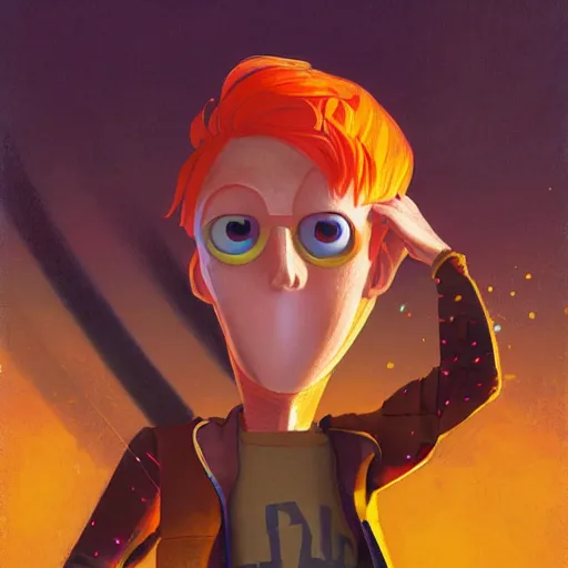 Prompt: a skinny young man with orange hair and glowing orange eyes as a super hero, pixar cute, highly detailed, sharp focus, neon color, digital painting, floating particles, excitement, artwork by Jeremiah Ketner + Mati Klarwein + Fintan Magee + Chris Mars, background artwork by greg rutkowski