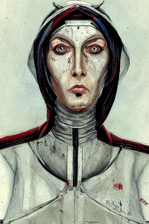 Image similar to portrait fashion model cyborg nun artwork by enki bilal