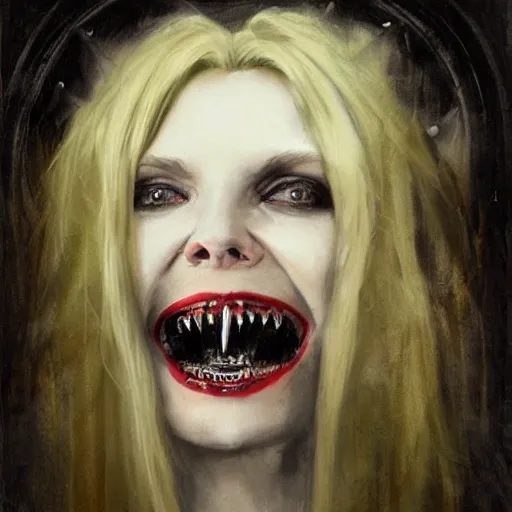 Image similar to portrait of Michelle Pfeiffer as evil vampire queen shoeing her sharp teeth wearing a dark crown by Tom Bagshaw and Guy Denning