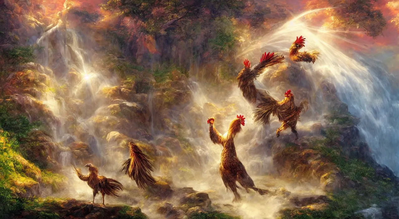 Prompt: knight fighting a giant rooster in front of a waterfall, fantasy, sunshine, holy, light rays, in the style of boris vallejo