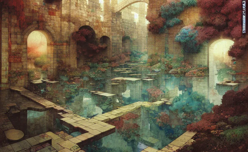 Prompt: tiled room squared waterway, aqueducts, fantasy. intricate, amazing composition, colorful watercolor, by ruan jia, by maxfield parrish, by marc simonetti, by hikari shimoda, by robert hubert, by zhang kechun, illustration, gloomy