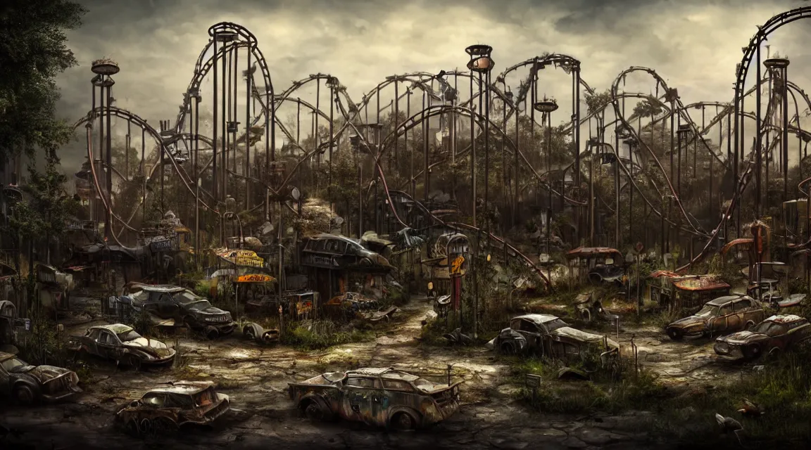 Image similar to post apocalyptic theme park park, trending on artstation, photorealistic, wilderness ambiance, ultra detailed, high definition, depth of field, bokeh, rubble, wild vegetation, building crumbling,