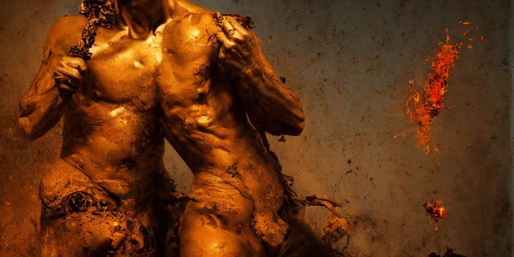 Prompt: highly detailed photography of a men made of rust clay with fire, rocks, hand gesture, dust particles, dirt, dramatic scene, aesthetic dynamic lighting, masterpiece, by roberto ferri, blue background, high quality, spatula