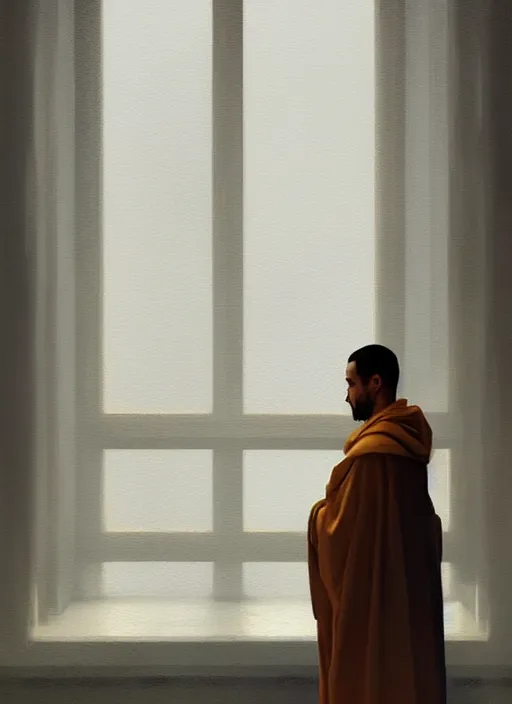 Image similar to oil painting of a dominican monk in robes, looking out a window contemplatively, digital art, artstation, cinematic, golden hour, digital art painting by greg rutkowski