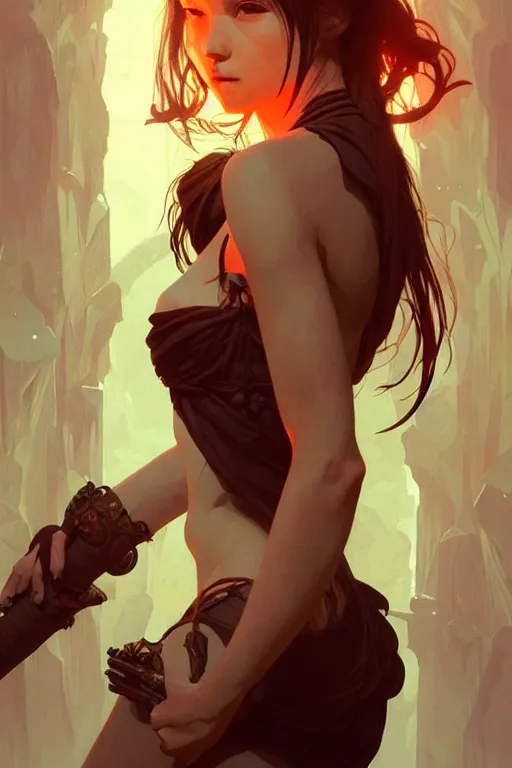 Image similar to a very beautiful savage girl, dungeon, light from above, fantasy, portrait, sharp focus, intricate, elegant, digital painting, artstation, matte, highly detailed, concept art, illustration, ambient lighting, art by ilya kuvshinov, artgerm, alphonse mucha, and greg rutkowski