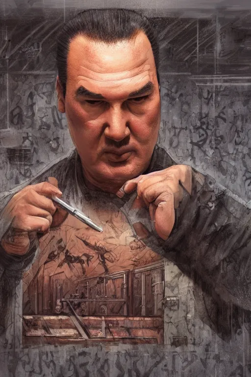 Image similar to sad steven seagal full body portrait in jail cell, cell bars, cell bars, cell bars, cell bars, cell bars, cell bars, intricate, highly detailed, digital painting, artstation, concept art, smooth, sharp focus, illustration, whimsical background by marc simonetti, artwork by liam wong