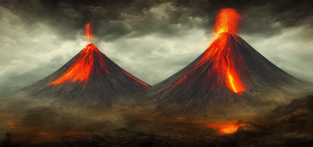 Prompt: Erupting Volcano with Monsters flying around it, gothic art, color, eerie, horror, scary, ominous, 8k, highly detailed