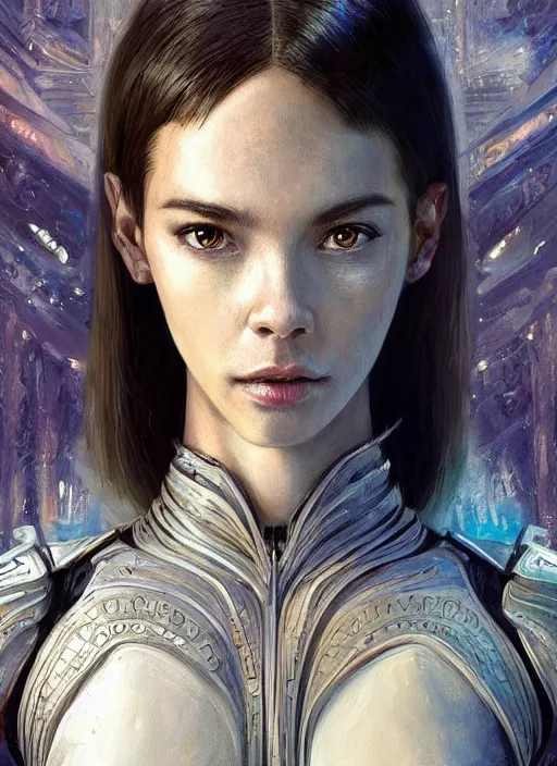 Image similar to a professional painting of a beautiful young female alien, clothed in ethereal armor, olive skin, long dark hair, beautiful bone structure, symmetrical facial features, intricate, elegant, digital painting, concept art, smooth, sharp focus, illustration, from Valerian and the City of a Thousand Planets, by Ruan Jia and Mandy Jurgens and Artgerm and William-Adolphe Bouguerea