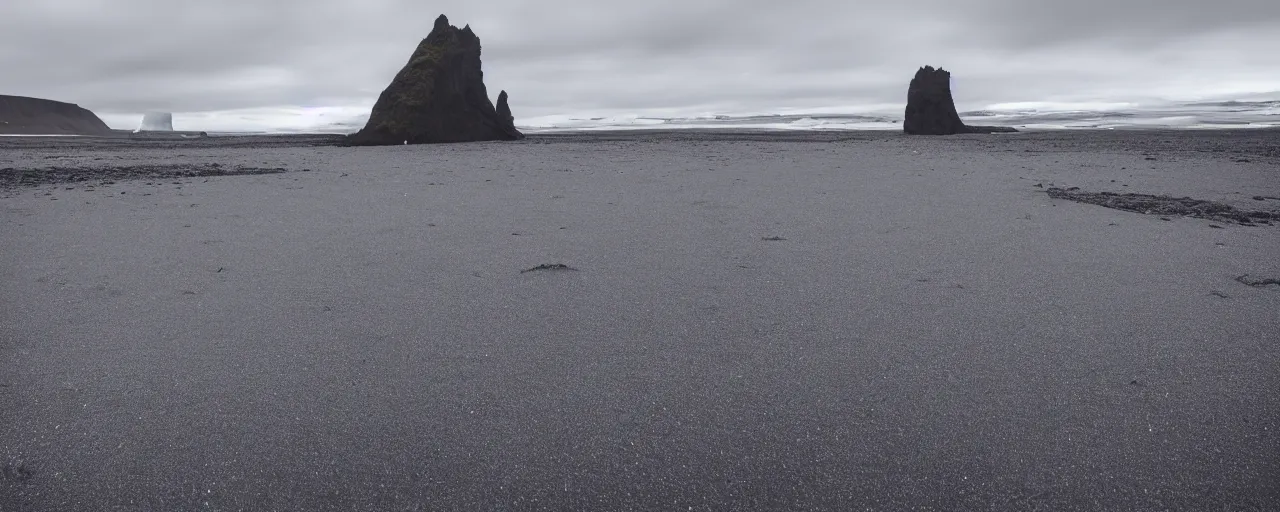 Prompt: low angle cinematic shot of lone futuristic mech in the middle of an endless black sand beach in iceland, icebergs, 2 8 mm