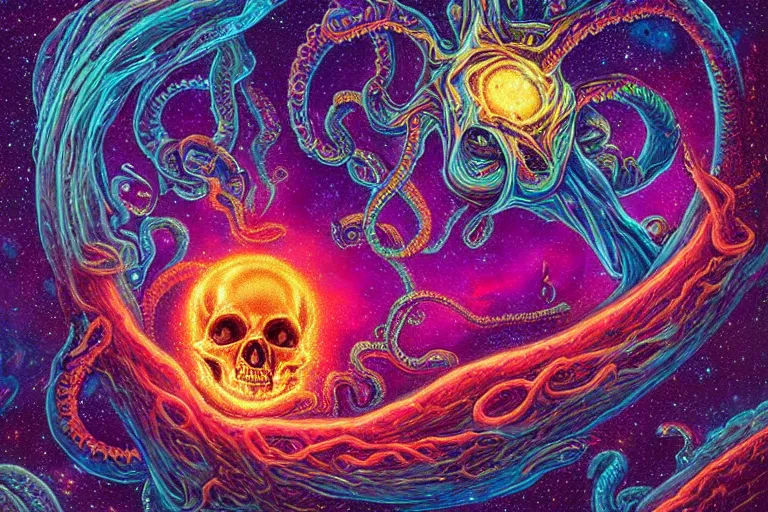 Image similar to a giant skull with lovecraftian tentacles emerging from a space nebula by dan mumford, digital art, photorealistic, vivid colors, highly detailed, intricate