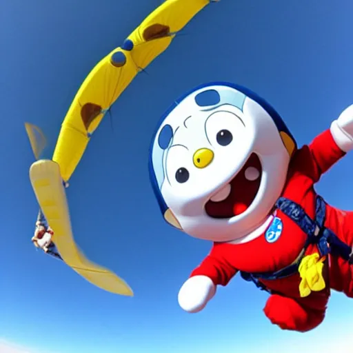 Prompt: photo of super fat doraemon skydiving while waving at the camera