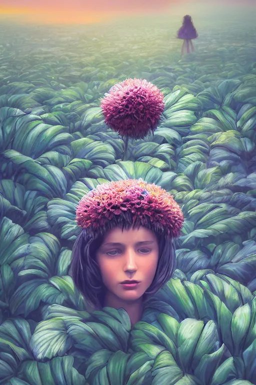 Prompt: closeup, large daisy flower head, girl between monsteras, surreal photography, wind and cold, dramatic sky, impressionist painting, digital painting, artstation, simon stalenhag