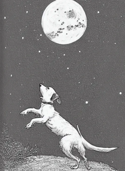 Prompt: candid portrait of jack russel dog howling at the moon, from behind, night sky, highly detailed, illustrated by peggy fortnum and beatrix potter and sir john tenniel