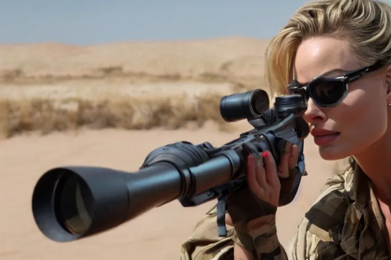 Image similar to margot robbie in the american sniper, closeup action shot, looking into the scope, cinematic