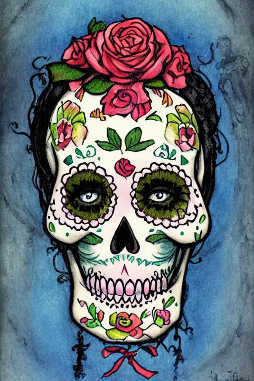 Prompt: Illustration of a sugar skull day of the dead girl, art by arnold bocklin