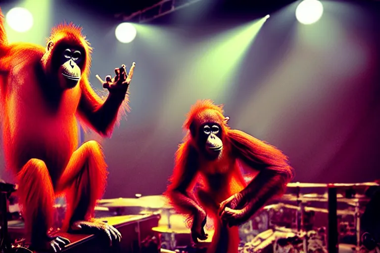 Prompt: vfx film, singing orangutan rockstar onstage band concert, flat color profile low - key lighting award winning photography arri alexa cinematography, big crowd, hyper real photorealistic cinematic beautiful, atmospheric cool colorgrade