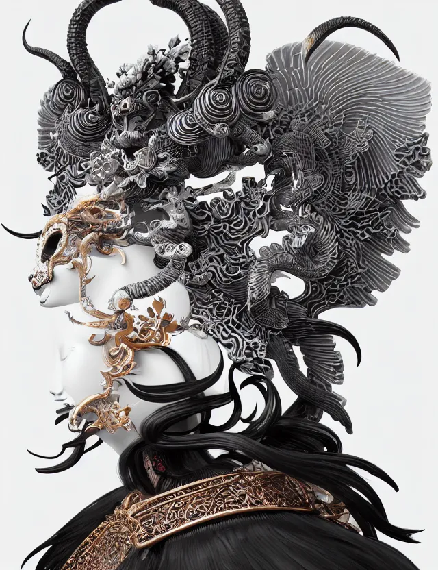 Image similar to 3 d goddess close - up profile portrait ram skull. beautiful intricately detailed japanese crow kitsune mask and clasical japanese kimono. betta fish, jellyfish phoenix, bio luminescent, plasma, ice, water, wind, creature, artwork by tooth wu and wlop and beeple and greg rutkowski