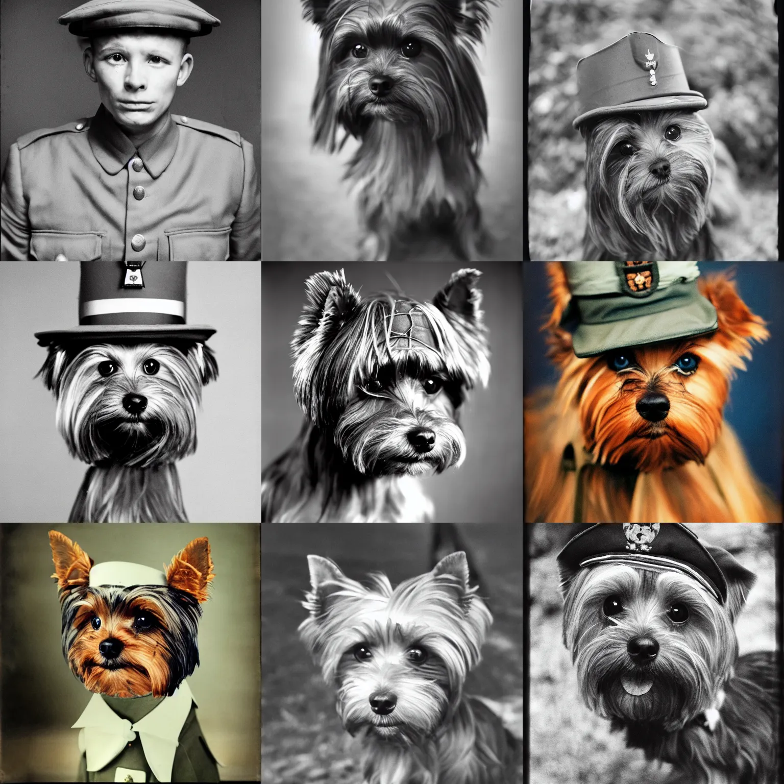 Prompt: yorkie as a soldier in vietnam, yorkshire terrier, portrait, film still, kodak, blue tint