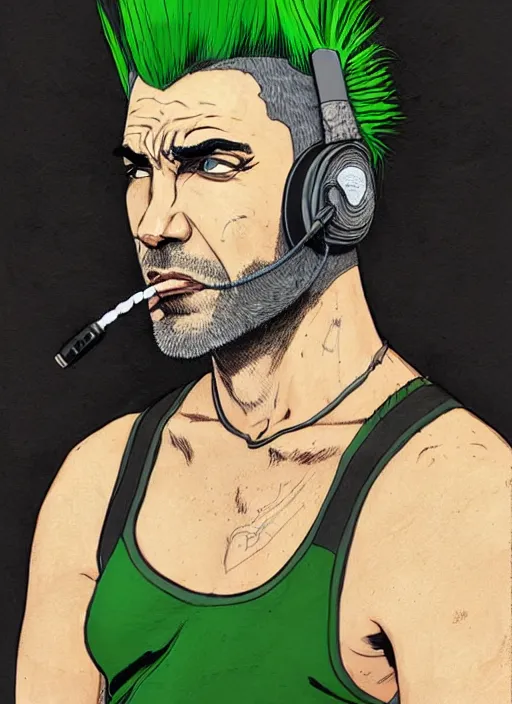 Prompt: portrait of a man with gray and green mohawk wearing a gray headset and brown tank top, gray and green mohawk, gray headset, brown tank top. art by oliver bonhomme, oliver bonhomme artwork. portrait.