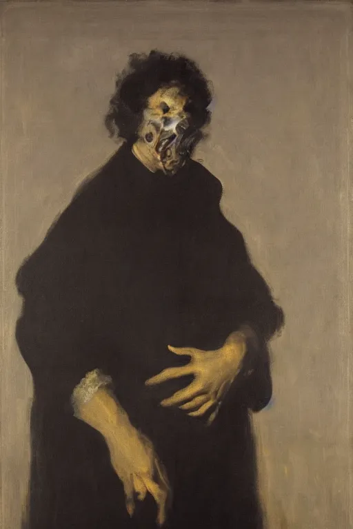 Prompt: mysterious portrait of medici emerging from the dark void, figure in the darkness of renaissance, Francisco Goya, painted by John Singer Sargant, Adrian Ghenie, style of Francis Bacon, highly detailed, 8k, trending on artstation