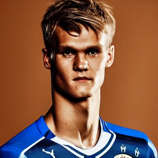 Image similar to a realistic detailed photo of a guy who is an attractive humanoid who is half robot and half humanoid, who is a male android, soccer player martin ødegaard, shiny skin, posing like a statue, blank stare, in a living room, on display, showing off his muscles