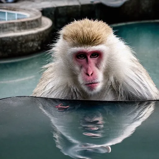 Image similar to Japanese white macaque in a hot pool, award winning photography, cinematic, steam rising off the water