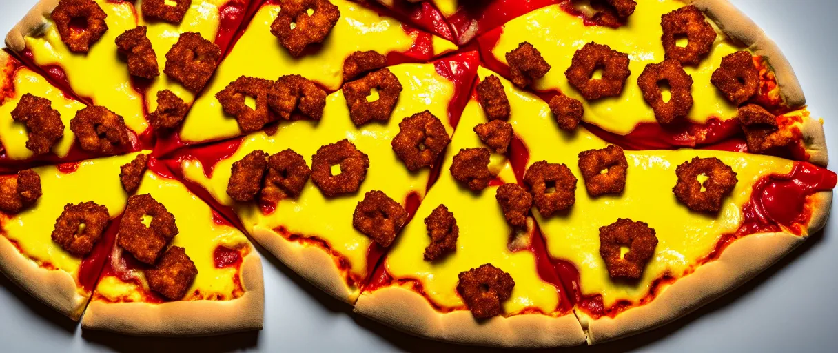 Prompt: pop art gooey pizza slices and chicken nuggets walter battiss dramatic yellow lighting low angle hd 8k sharp shallow depth of field