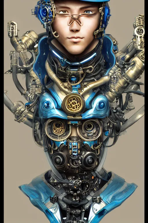 Prompt: Portrait of a steampunk sci-fi cyborg ninja male , third person, D&D, sci-fi fantasy, intricate, blue and gold, highly detailed , art by Range Murata, highly detailed, 3d, octane render, bright colors, digital painting, trending on artstation, sharp focus, illustration style of Stanley Artgerm,