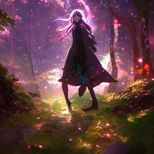 Image similar to twisted pathways, magical cosmic path in the middle of a universe, anime inspired, hyper realistic, dramatic lighting, glowing leaves, 8k, hd, pixiv ,dslr photo by Makoto Shinkai , ilya kuvshinov and Wojtek Fus, digital art, concept art