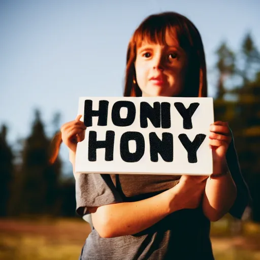 Prompt: bear holding a sign that says honey, 5 0 mm lens, bokeh, good lighting