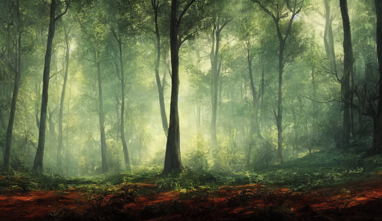 Image similar to a beautiful painting of a clearing in a forest, cinematic angle, movie concept, trending on artstation, octane render, 8 k, ultra high detail