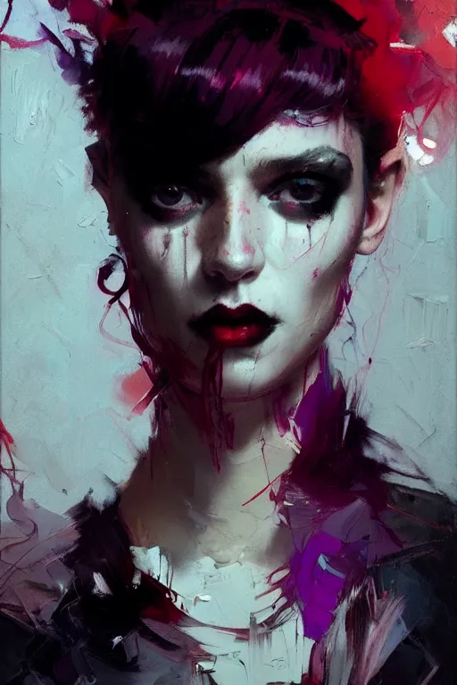 Image similar to portrait of a beautiful goth girl, shades of red and purple, beautiful face, rule of thirds, intricate outfit, spotlight, by greg rutkowski, by jeremy mann, by francoise nielly, by van gogh, digital painting