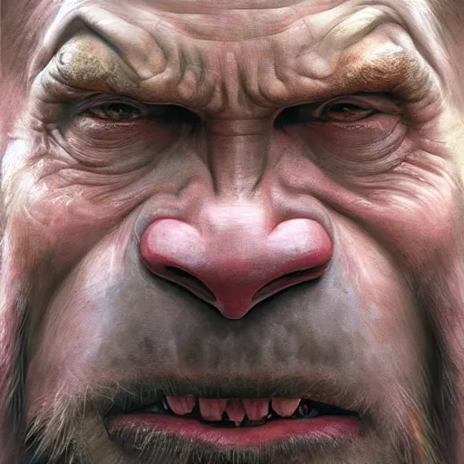 Image similar to vladimir putin, putin is bald prehistoric primate caveman, reptiloid reptile eyes, toothless, saw teeth, horror macabre face, clown nose, by donato giancola and greg rutkowski and wayne barlow and zdzisław beksinski, realistic face, digital art